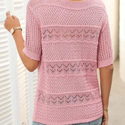 🏆Jusqu'à 50% de réduction !🌷Pull femme manches courtes col rond aspect ajouré et crochet