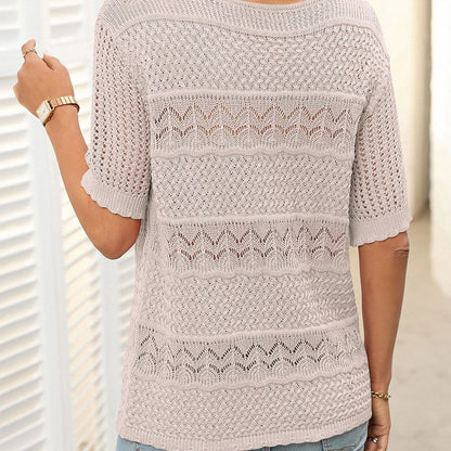 🏆Jusqu'à 50% de réduction !🌷Pull femme manches courtes col rond aspect ajouré et crochet