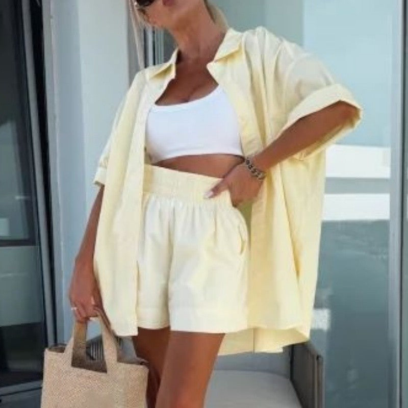 Ensemble 2 pièces chemise à manches courtes et short taille haute de couleur unie vibrante