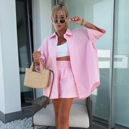 Ensemble 2 pièces chemise à manches courtes et short taille haute de couleur unie vibrante