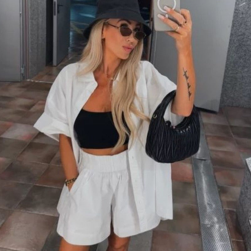 Ensemble 2 pièces chemise à manches courtes et short taille haute de couleur unie vibrante